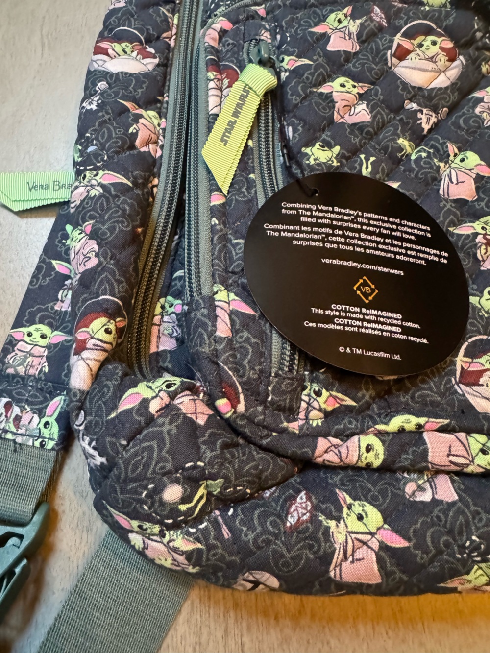 Vera Bradley Black Quilted Sling with Green and Pink Baby Yoda Print Star Wars - Picture 2 of 8